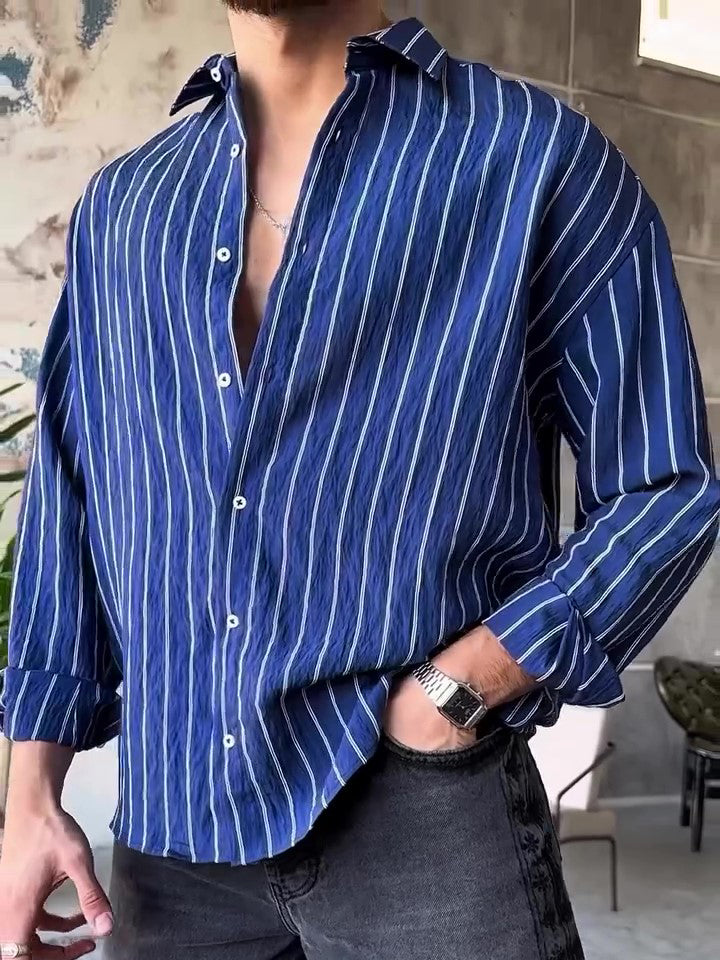 Sanji Blue Stripe Pinstripe Long Sleeve Button Shirt - Sanji Cosplay - Inspired by One Piece