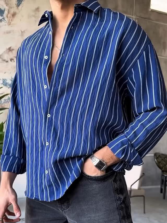 Sanji Blue Stripe Pinstripe Long Sleeve Button Shirt - Sanji Cosplay - Inspired by One Piece