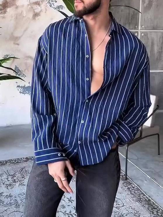 Sanji Blue Stripe Pinstripe Long Sleeve Button Shirt - Sanji Cosplay - Inspired by One Piece