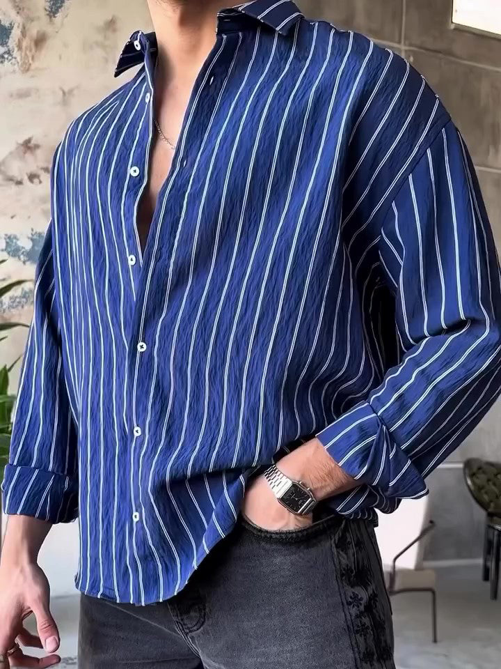 Sanji Blue Stripe Pinstripe Long Sleeve Button Shirt - Sanji Cosplay - Inspired by One Piece