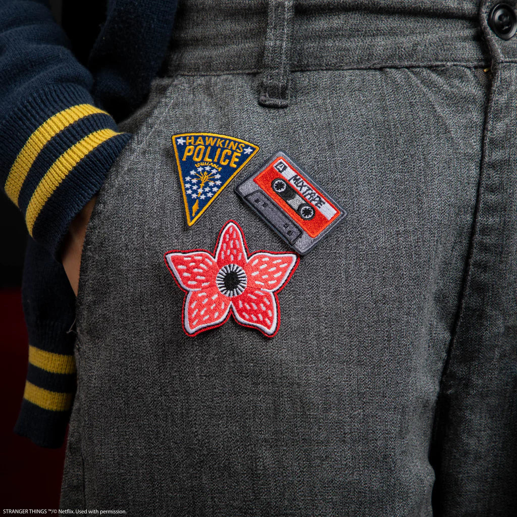 Stranger Things Patches Set of 7 - Hawkins Tigers, coops Ahoy Sailor Hat, Robin Name tag, Steve Name tag,  Demogorgon, Hawkins Police, Mixtape