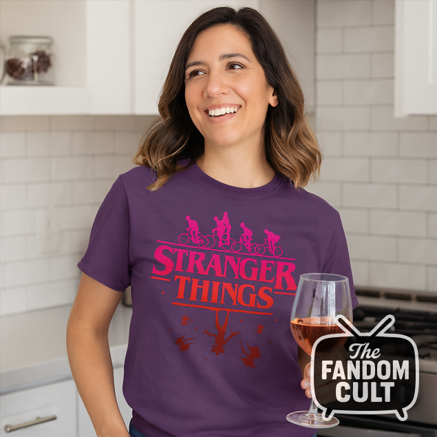 Bikes & Demogorgon Pink Gradient T-Shirt - Inspired by Stranger Things